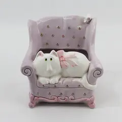 1987 Omnibus White Cat Reclining on Lavender Floral Chair Ceramic Planter