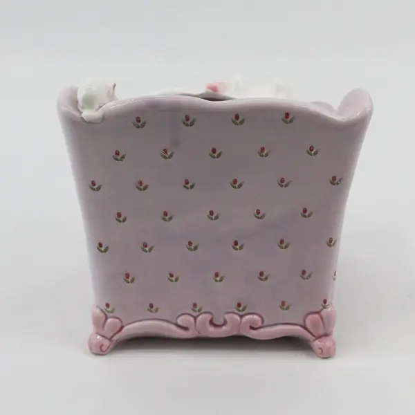 1987 Omnibus White Cat Reclining on Lavender Floral Chair Ceramic Planter