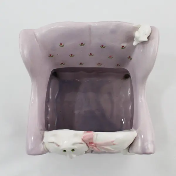 1987 Omnibus White Cat Reclining on Lavender Floral Chair Ceramic Planter