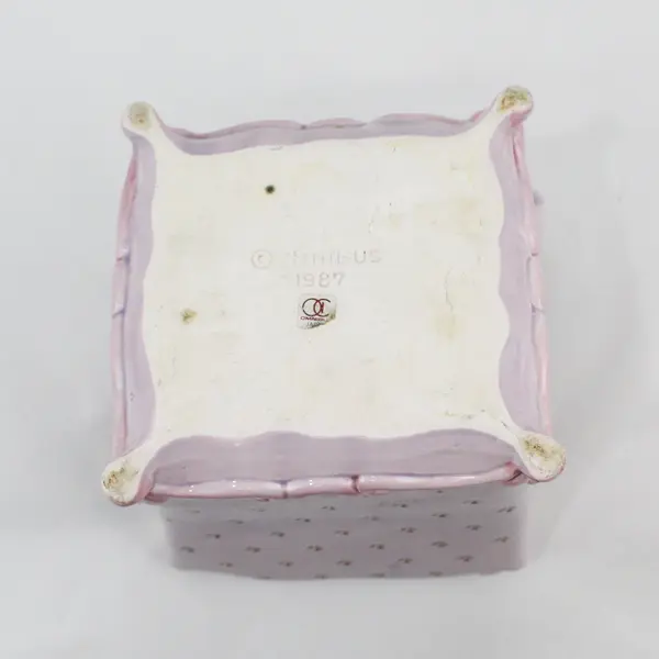 1987 Omnibus White Cat Reclining on Lavender Floral Chair Ceramic Planter