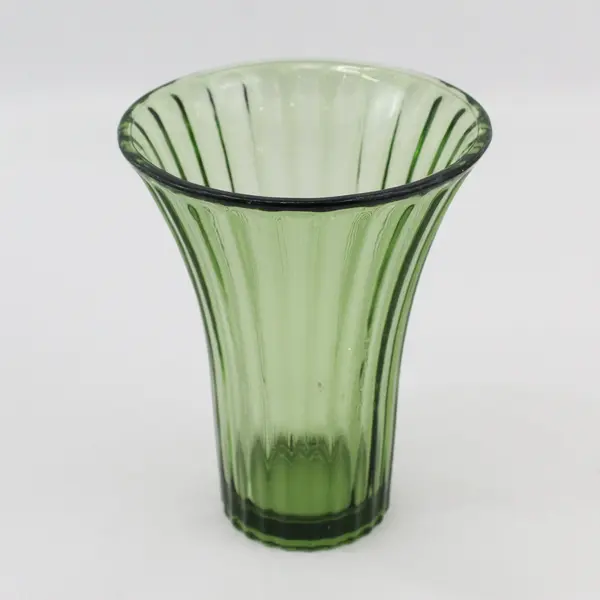 Avocado Green Glass Flower Vase Ribbed With Flared Rim
