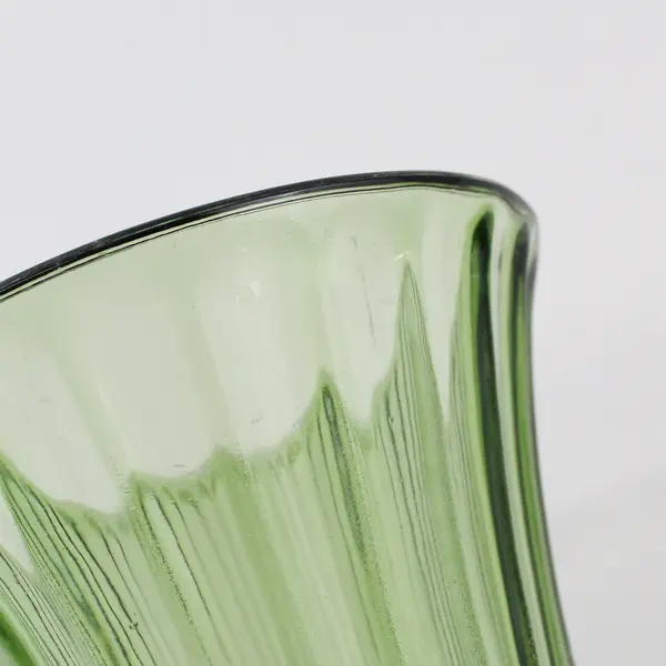 Avocado Green Glass Flower Vase Ribbed With Flared Rim