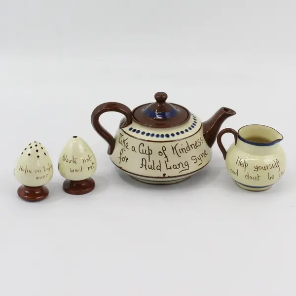 Vintage Watcombe Devon Motto Teapot Creamer Salt And Pepper Shaker Set