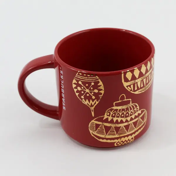 STARBUCKS 2015 Red Christmas Holiday Coffee Mug Cup Gold Ornaments