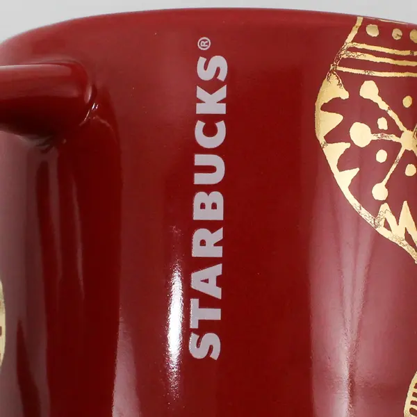 STARBUCKS 2015 Red Christmas Holiday Coffee Mug Cup Gold Ornaments