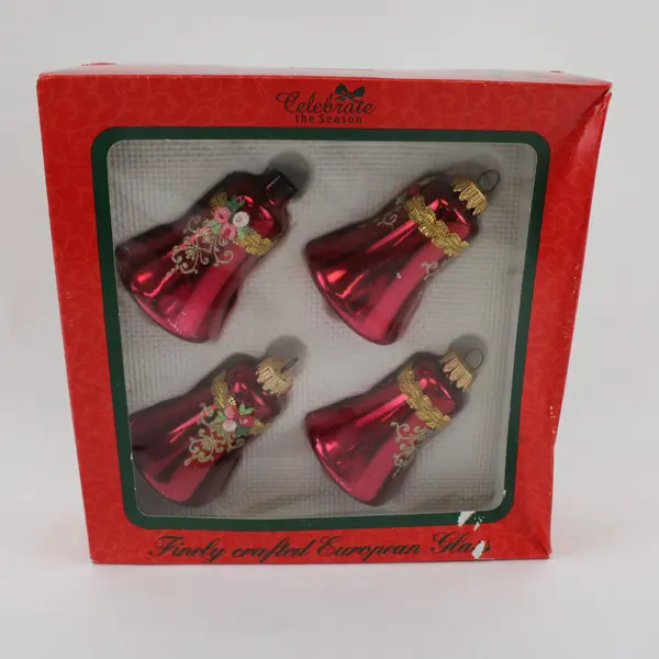 Christmas Glass Bell Ornaments Dark Red Box of 4 New