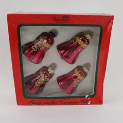 Christmas Glass Bell Ornaments Dark Red Box of 4 New