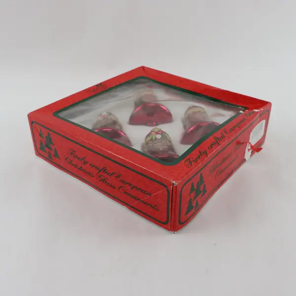 Christmas Glass Bell Ornaments Dark Red Box of 4 New