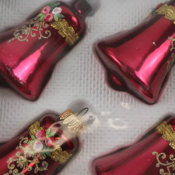 Christmas Glass Bell Ornaments Dark Red Box of 4 New