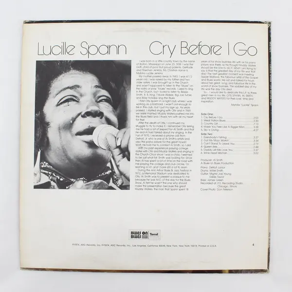 Lucille Spann Cry Before I Go Promo Copy 12" Blues LP BLS-6070