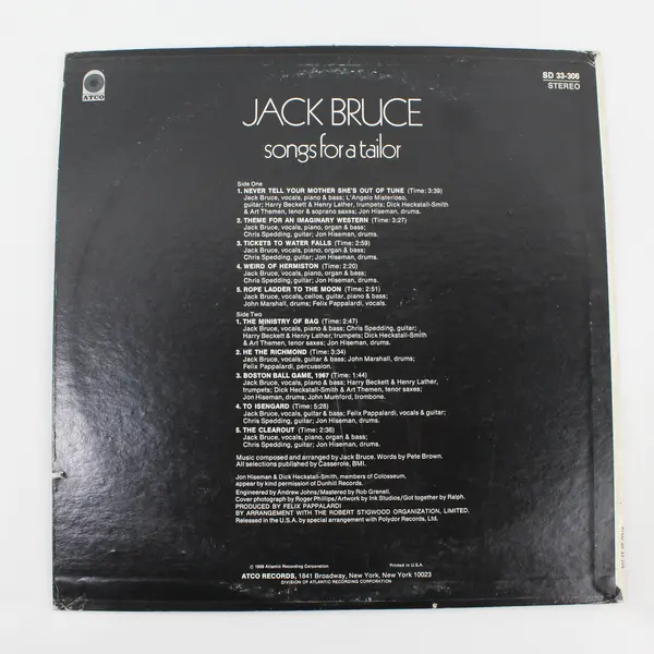 Jack Bruce Songs for a Tailor 12" Vinyl LP Atco SD 33-306
