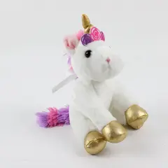 White Plush Unicorn Gold Horn Floral Wreath Crown Stuffed Animal