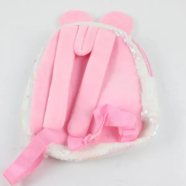 Kawaii White Sequined Plush Kids Backpack Pink Straps Bow Pre-owned