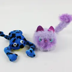 Lot of 2 Used Small Plush Stuffed Animals Blue Spotted Frog Purple Cat