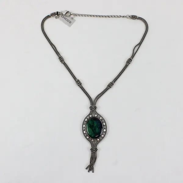 NWT Chico's Sparkly Green Acrylic Stone Silver-Tone Boho Lariat Necklace 20"