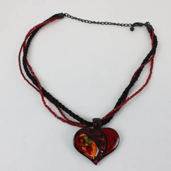 Chico's Red and Black Multi-Strand Heart Whimsigoth Boho Pendant Necklace 21"