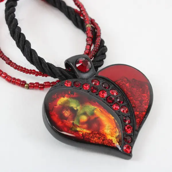 Chico's Red and Black Multi-Strand Heart Whimsigoth Boho Pendant Necklace 21"