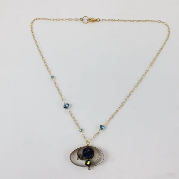 Gold-Tone Blue Druzy-Style Whimsigoth Boho Pendant Necklace 23 in