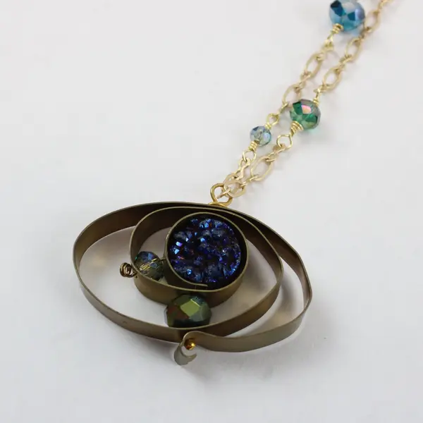 Gold-Tone Blue Druzy-Style Whimsigoth Boho Pendant Necklace 23 in