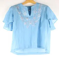Gray Floral Embroidered Sheer Blue Blouse Women's Large