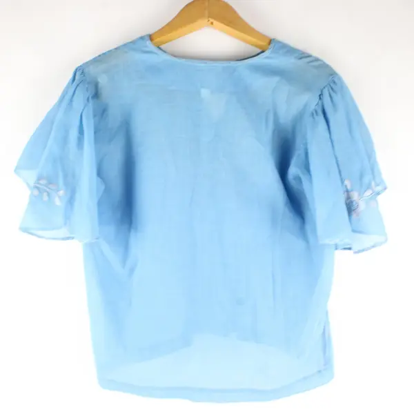 Gray Floral Embroidered Sheer Blue Blouse Women's Large