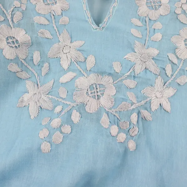 Gray Floral Embroidered Sheer Blue Blouse Women's Large