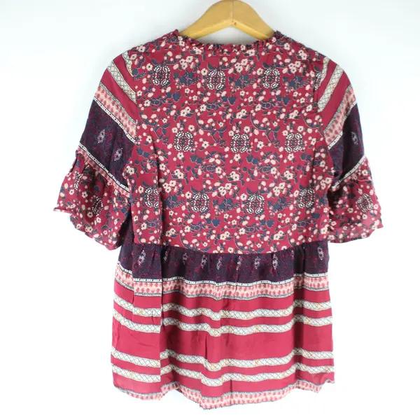 Knox Rose Red and Navy Floral Print Half-Sleeved Blouse Women's Small
