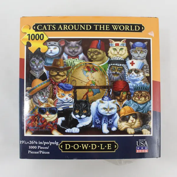 Dowdle Cats Around the World 1,000 Pc. Jigsaw Puzzle Folk Art 2018, complete 