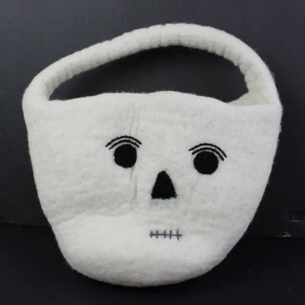 White Felt Skeleton Halloween Basket Embroidered Face Soft Handle