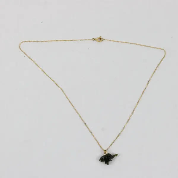 Vintage Elephant Pendant Necklace 15.5in Gold Tone Chain Green Carved