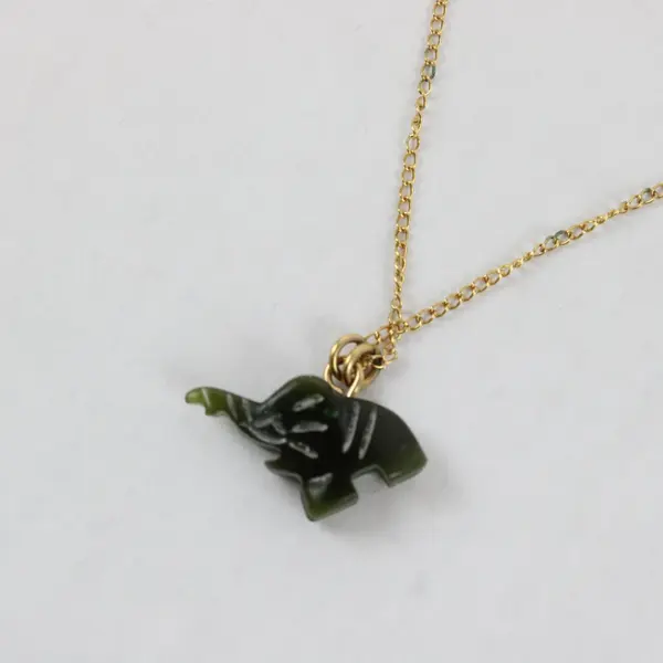 Vintage Elephant Pendant Necklace 15.5in Gold Tone Chain Green Carved