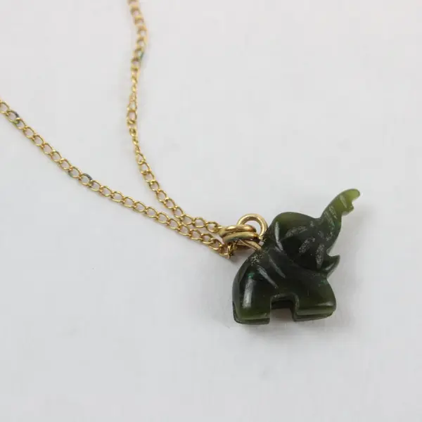 Vintage Elephant Pendant Necklace 15.5in Gold Tone Chain Green Carved