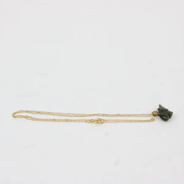 Vintage Elephant Pendant Necklace 15.5in Gold Tone Chain Green Carved