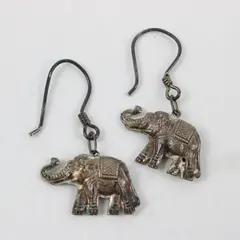 Boho Elephant Dangle Earrings Metal Hook Silver-Tone Patina