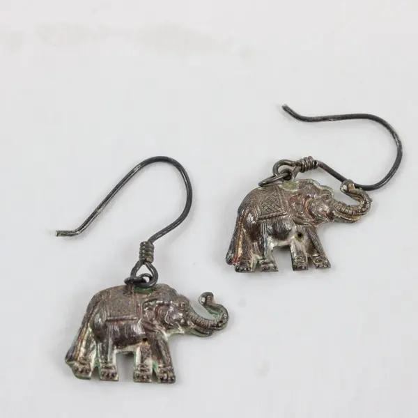 Boho Elephant Dangle Earrings Metal Hook Silver-Tone Patina
