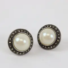 Vintage Faux Pearl Marcasite Style Round Halo Stud Earrings Pre-Owned