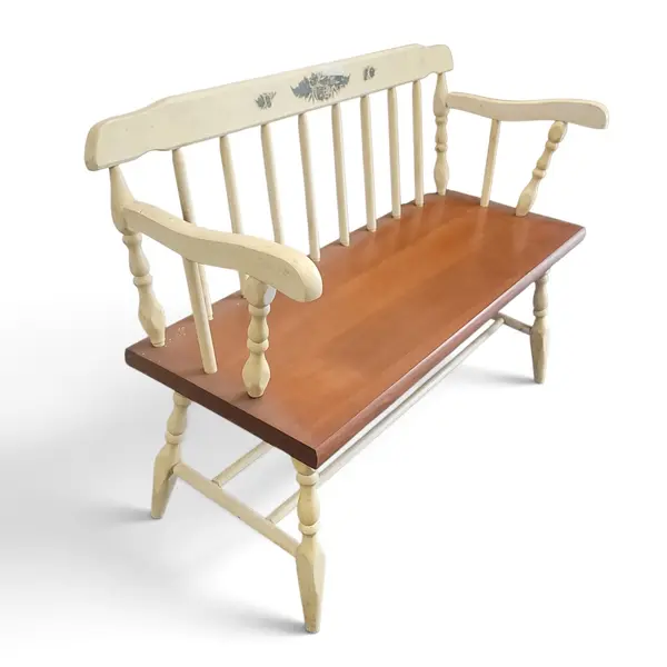 Vintage Farmhouse Spindle Bench w/ Arms Two-Tone Country Wood Seat -Local Pickup