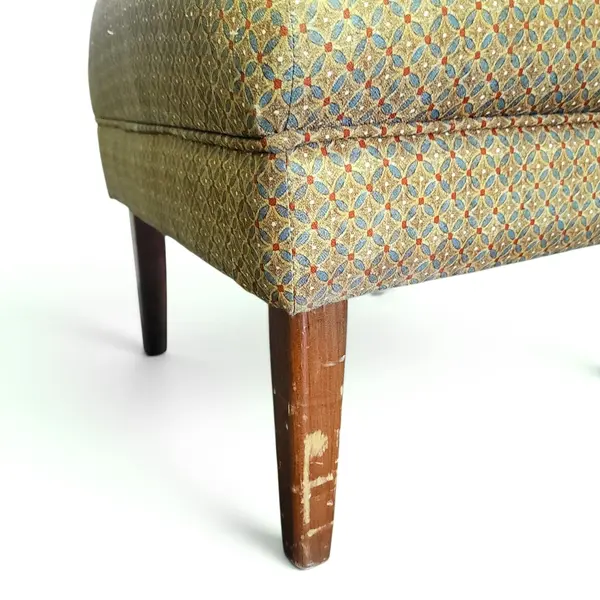 Vintage Upholstered Accent Bench Tan Fabric Wooden Legs - Local Pickup Only