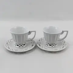 Two Bombay Ribbed Coffee Cups Pierced Feet With Matching Saucers Pierced Rims