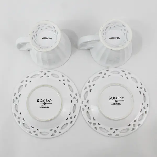 Two Bombay Ribbed Coffee Cups Pierced Feet With Matching Saucers Pierced Rims