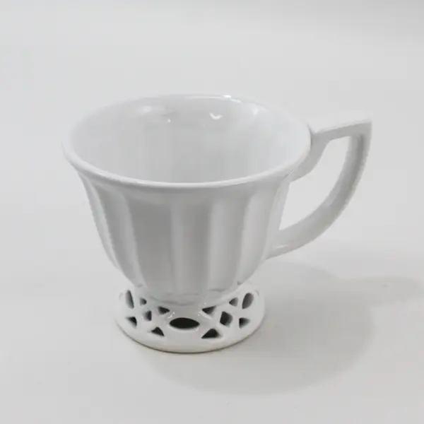 Two Bombay Ribbed Coffee Cups Pierced Feet With Matching Saucers Pierced Rims