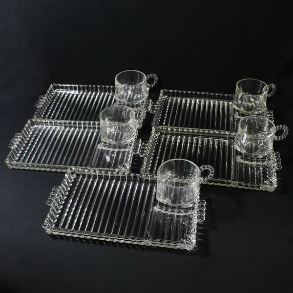 Set of 5  Vtg Hazel Atlas Glass Snack Trays And Cups 1305 Ball and Ribbed Design