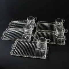 Set of 5  Vtg Hazel Atlas Glass Snack Trays And Cups 1305 Ball and Ribbed Design
