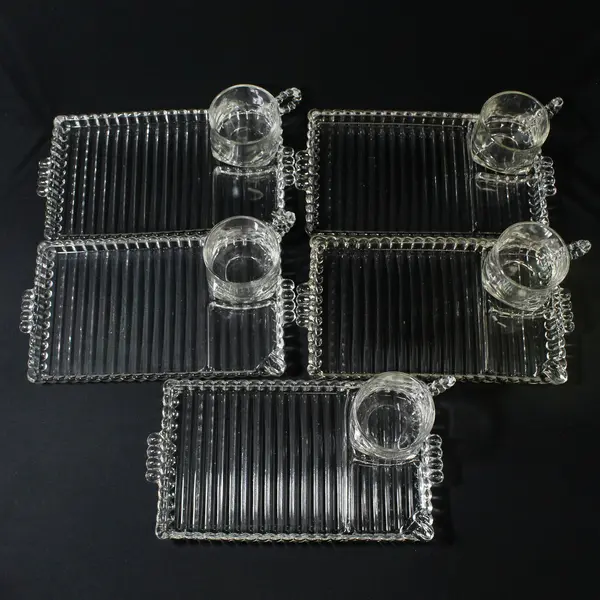 Set of 5  Vtg Hazel Atlas Glass Snack Trays And Cups 1305 Ball and Ribbed Design