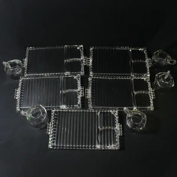 Set of 5  Vtg Hazel Atlas Glass Snack Trays And Cups 1305 Ball and Ribbed Design