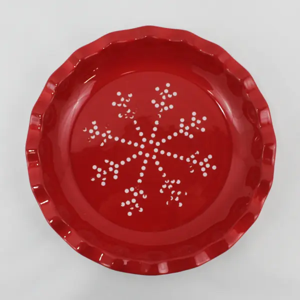 Russ Christmas Ceramic Pie Dish Red With White Dot Snowflake