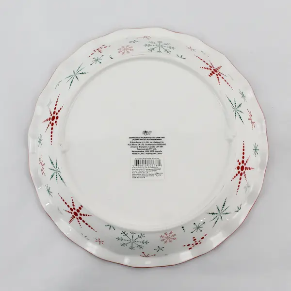 Russ Christmas Ceramic Pie Dish Red With White Dot Snowflake