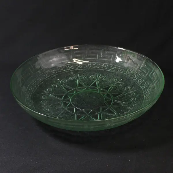 Vintage Green Glass Serving Bowl Greek Key Rim Star Center 12.25"