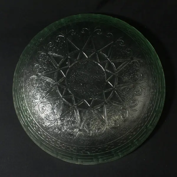 Vintage Green Glass Serving Bowl Greek Key Rim Star Center 12.25"