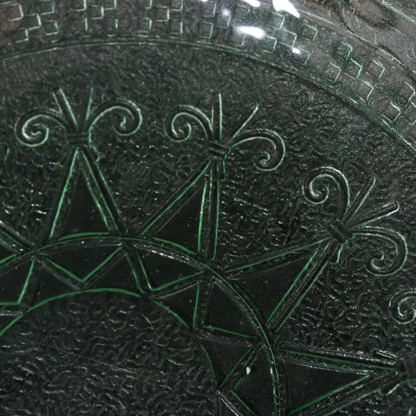 Vintage Green Glass Serving Bowl Greek Key Rim Star Center 12.25"